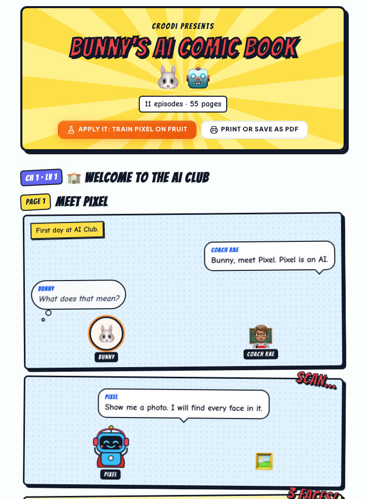 A child's CROODI comic book: the cover reads Bunny's AI Comic Book, then a comic page where Pixel, wearing headphones and a cape, meets the AI Club.