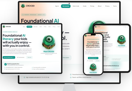 CROODI on phone, tablet, laptop, and desktop — responsive layout with light and dark mode